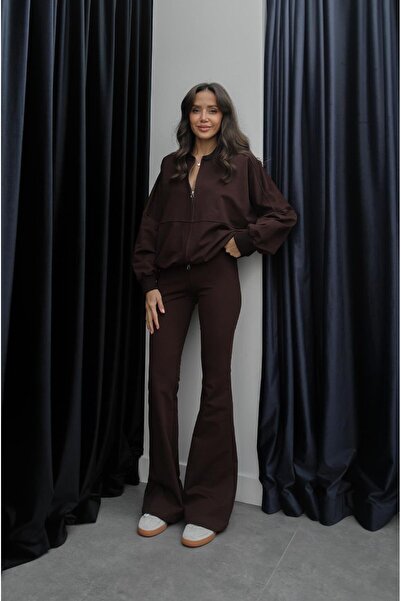 Havoş Brown Spanish Pants Zippered Sweatshirt Set