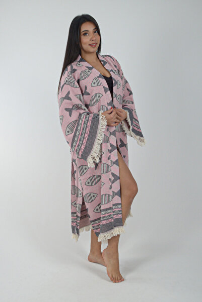 REİNA TEKS Kimono Kaftan Fish Patterned 1 Piece Bohemian Bathrobe Unisex Jacquard 3 Layers Muslin Fabric