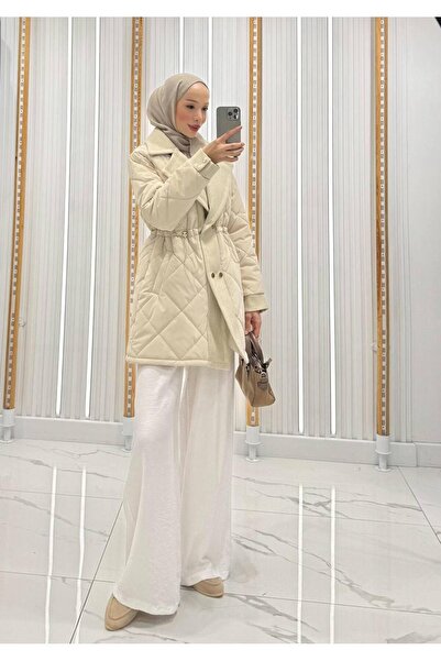 QUMRU Kadın Baklava Desenli Beli Tünel Lastikli Krem Kapitone Kaban