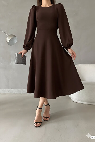 Planet Prestige Kahverengi Balon Kol Bisiklet Yaka Midi Elbise