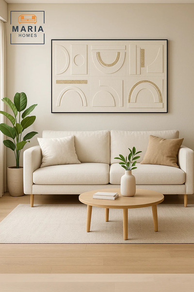 MARIA HOMES لوحة جدارية هندسية فاخرة ١٥٠×١٠٠ | قماش عصري مزخرف | ديكور أبيض بسيط
