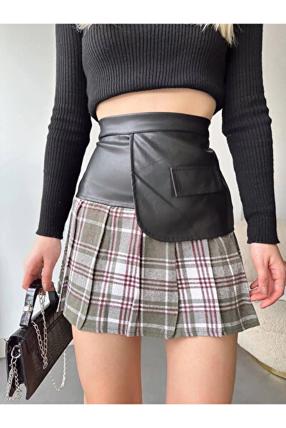 Zerenyus Leather Trimmed Plaid Skirt with Pockets Black
