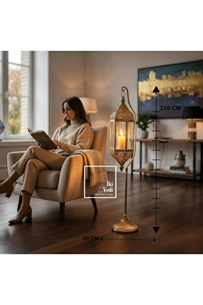 İki Yedi Konsept Cantley Lüks 110 cm Ayaklı Altın Fener | Büyük Dekoratif Şam...