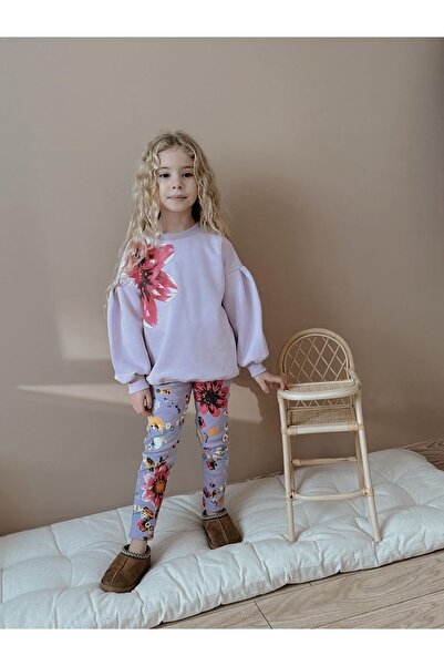 Patriko Girls' Winter Sweatshirt Leggings New Season Ş Fleece-Lined Flower Detail Stylish Bottom Top Set