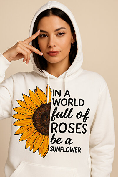 ocke Women's White Sunflower Printed Hooded Oversized Hoodie Sweatshirt