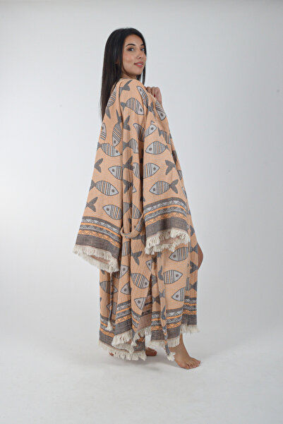 REİNA TEKS Kimono Kaftan Fish Patterned 1 Piece Bohemian Bathrobe Unisex Jacquard 3 Layers Muslin Fabric