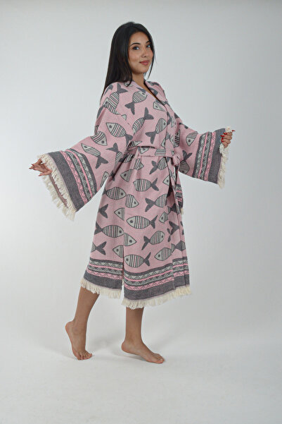 REİNA TEKS Kimono Kaftan Fish Patterned 1 Piece Bohemian Bathrobe Unisex Jacquard 3 Layers Muslin Fabric