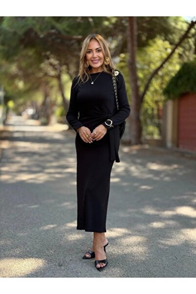 buğrahayalin Γυναικείο μακρυμάνικο φόρεμα με λαιμόκοψη με πλαϊνά κορδόνια