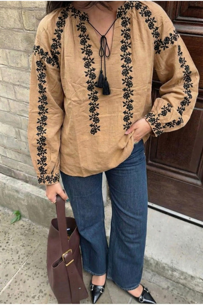 FEMELLE Women's Beige Collar Tassel Embroidered Cotton Blouse