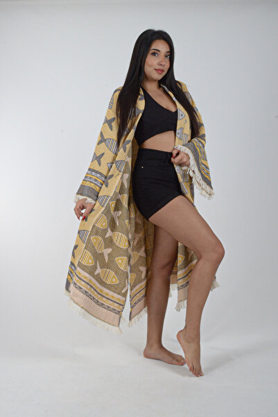 REİNA TEKS Kimono Kaftan Fish Patterned 1 Piece Bohemian Bathrobe Unisex Jacquard 3 Layers Muslin Fabric