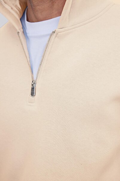 Tudors Φούτερ Unisex Relax Fit Άνετο Βαμβακερό Φλις με μισό φερμουάρ Stone K με κουκούλα