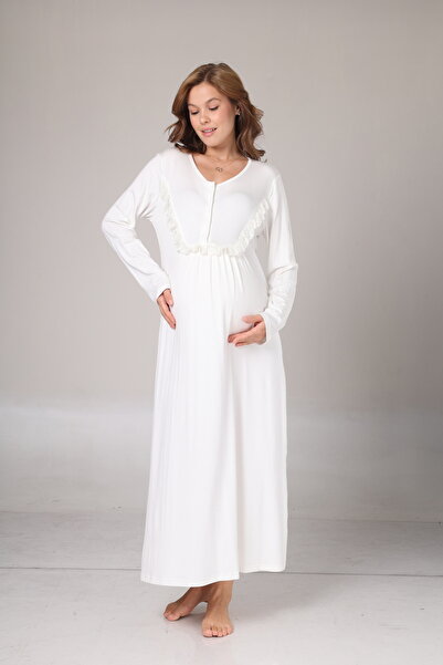BLACKMORE Women's Ecru Shawl Collar Lace Maternity Nightgown-Dressing Gown Set of 2