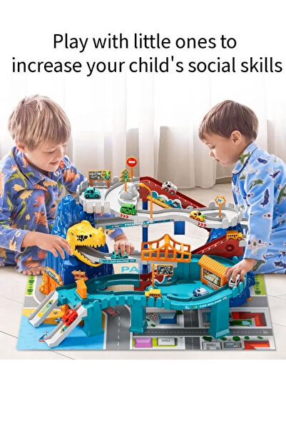 Generic Dinosaur Race Track Playset for Boys Kids 3-5, Climbing Hills Car Track Play Set with 10 Mini Cars