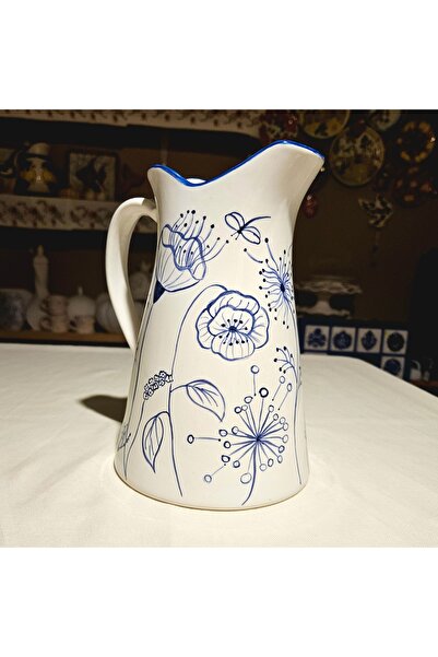 Ala Çini Seramik Beyaz Mavi Çiçek Kontürlü Kullanıma Uygun El Boyama Seramik ...
