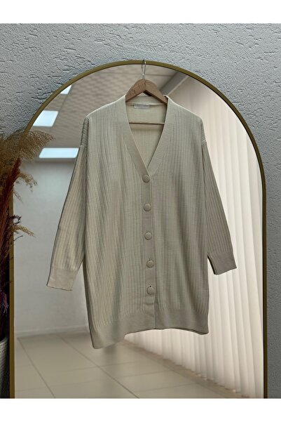 MİHRA STORE Feroria Corded Fabric Buttoned Araboy Cardigan-Zi6040 Stone
