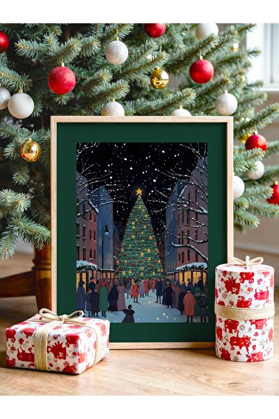 Patika Poster – Yılbaşı Şehir Meydanı Çam Ağacı | Çerçeveli Poster | Modern D...
