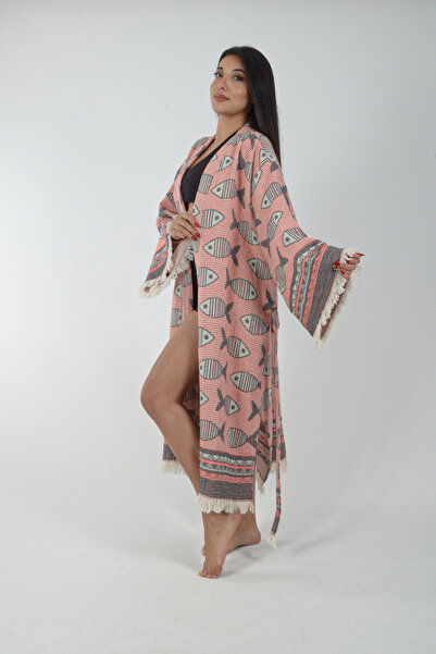 REİNA TEKS Kimono Kaftan Fish Patterned 1 Piece Bohemian Bathrobe Unisex Jacquard 3 Layers Muslin Fabric