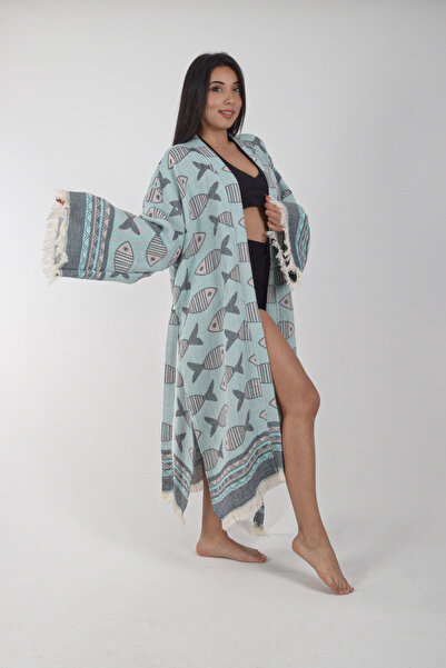 REİNA TEKS Kimono Kaftan Fish Patterned 1 Piece Bohemian Bathrobe Unisex Jacquard 3 Layers Muslin Fabric