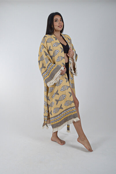 REİNA TEKS Kimono Kaftan Fish Patterned 1 Piece Bohemian Bathrobe Unisex Jacquard 3 Layers Muslin Fabric