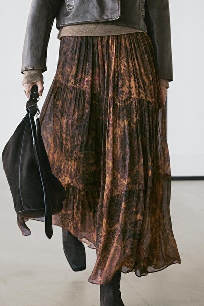 Massimo Dutti Asimetrik dökümlü midi etek