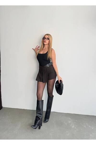 ParlaMira Γυναικεία μίνι φούστα με πλισέ ψηλόμεση με λεπτομέρεια από πολυβισκόνη σε καφέ χρώμα