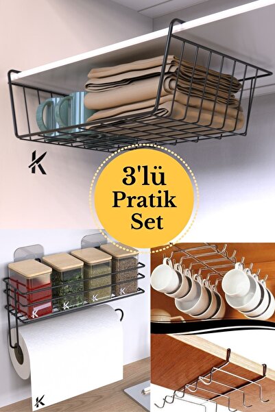 KARTEYA طقم مطبخ عملي مكون من 3 قطع، رف كانجارو، حامل أكواب مع 10 خطافات، منظم مع رفوف