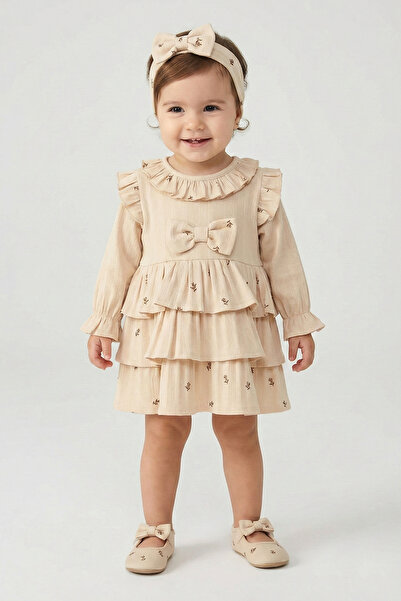 Mini Cotton Kız Bebek Kat Kat İnce Dal Desenli Bandanalı Elbise