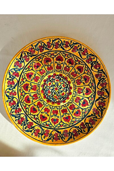 Ala Çini Seramik Sarı Zeminli Kırmızı Karanfil ve Lale Motifli El Boyaması 40...