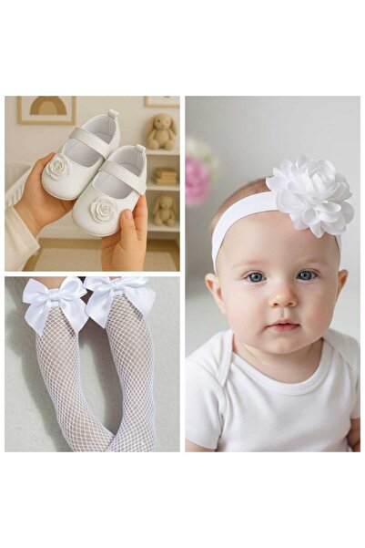 hira kids collection BEBEK PATİK AYAKKABI-BANDANA-FİLE ÇORAP ÜÇLÜ SET