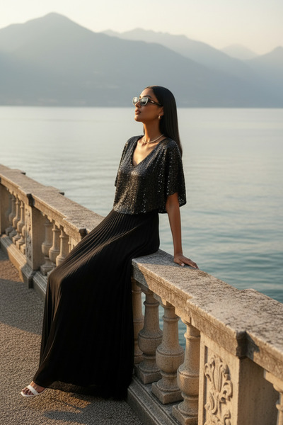 Romina Luna Payetli V Yaka Pliseli Uzun Abiye Elbise