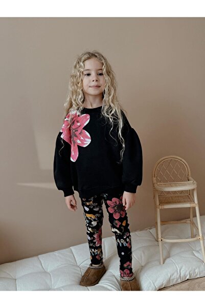 Patriko Girls' Winter Sweatshirt Leggings New Season Ş Fleece-Lined Flower Detail Stylish Bottom Top Set