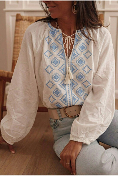 FEMELLE Women's White Collar Tassel Decorated Cotton Blouse with Elasticated Ankles and Embroidered Detail