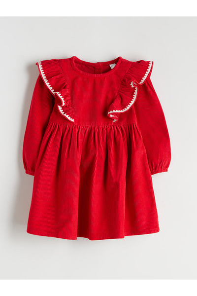 LC Waikiki Kids Red Crew Neck Velvet Girls Dress