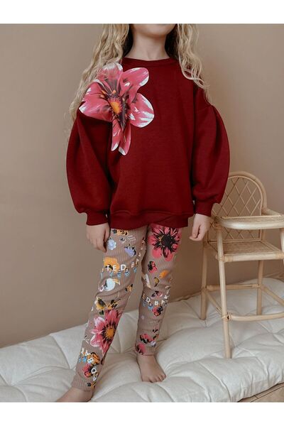 Patriko Girls' Winter Sweatshirt Leggings New Season Ş Fleece-Lined Flower Detail Stylish Bottom Top Set