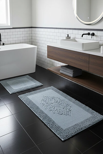 Chilai Home Piante Cotton Gri 2'li Set 60x100 Cm 50x60 Cm Banyo Halısı, Paspas