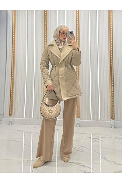 QUMRU Kadın Baklava Desenli Beli Tünel Lastikli Vizon Kapitone Kaban