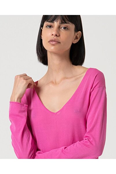 Surkana Pulover lung cu decolteu în V - Roz - M