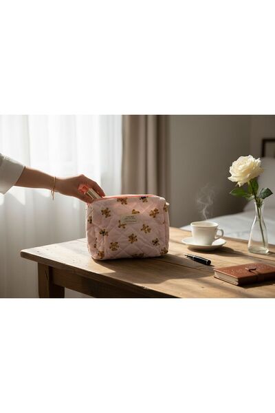 Haneliya Ayıcık Desenli Kapitone Makyaj ve Düzenleyici Pembe Çanta Taşınabili...