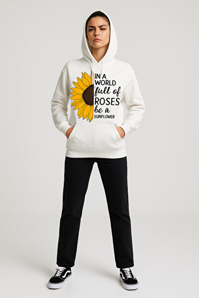 ocke Women's White Sunflower Printed Hooded Oversized Hoodie Sweatshirt