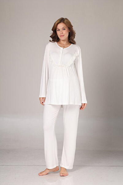 LOHOUSE Women's Ecru Shawl Collar Lace Design Cotton Maternity Pajamas 3-Piece Set