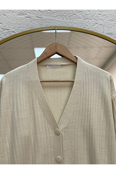 MİHRA STORE Feroria Corded Fabric Buttoned Araboy Cardigan-Zi6040 Stone