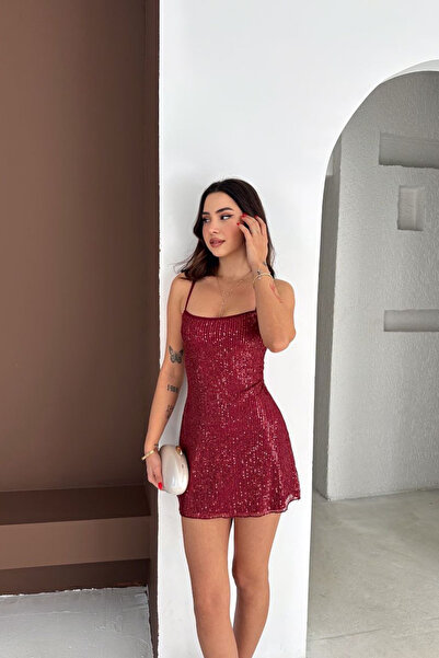The Robi Women's Red Mini Dress with Adjustable Straps and Sequin Palette