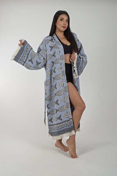 REİNA TEKS Kimono Kaftan Fish Patterned 1 Piece Bohemian Bathrobe Unisex Jacquard 3 Layers Muslin Fabric
