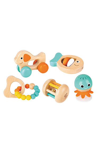 Hape مجموعة هدايا حسية متعددة المراحل مكونة من 5 قطع من الخشخيشات وعضاضة