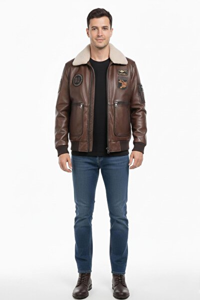 Deriderim Aviator 32 Brown Genuine Leather Patched Men's Bomber Jacket