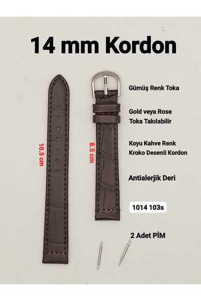 Brality 14 mm Uyumlu HAKİKİ DERİ Koyu Kahve Renk Kroko Desenli- (TOKA RENGİNİ SEÇİNİZ) 1014103