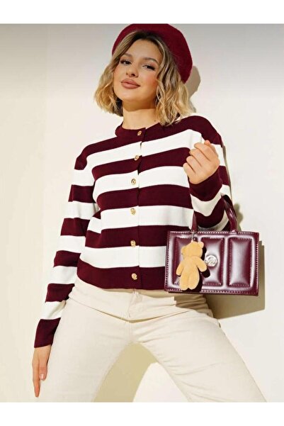 hedef giyim Striped Buttoned Crew Neck Knit Cardigan