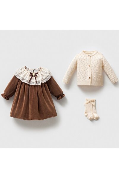 Noy Noy Kız Bebek Kadife Dantel Yaka Elbise & Örgü Hırka & Fiyonk Çorap 3’lü ...