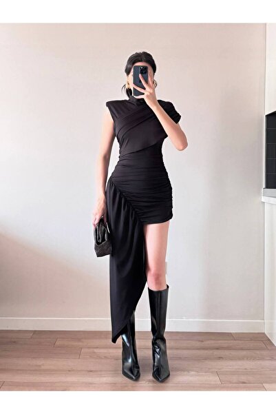 LOCH BUTİK Γυναικείο Μίνι Φόρεμα Μαύρο Ασύμμετρο ντραπέ