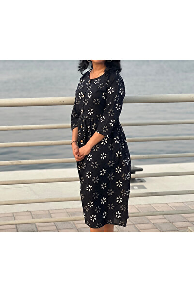IndHeritage Premium pure cotton dark blue colour dress with grey & white floral baghru print for women